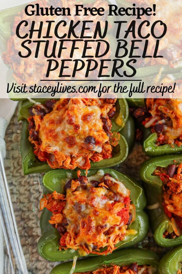 Mexican stuffed peppers with text overlay for Pinterest. 