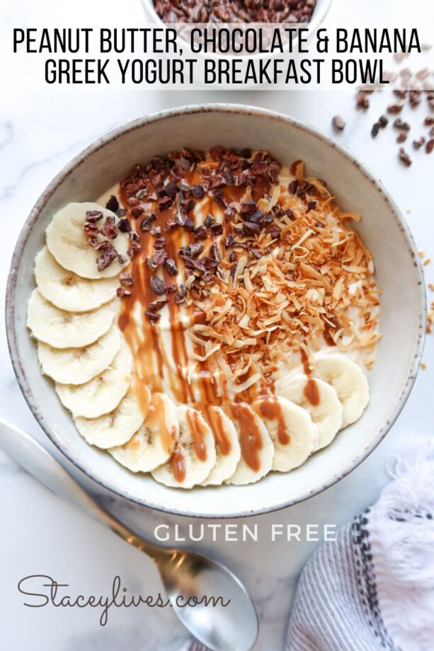 Greek yogurt banana breakfast bowl with toppings and text overlay for Pinterest. 