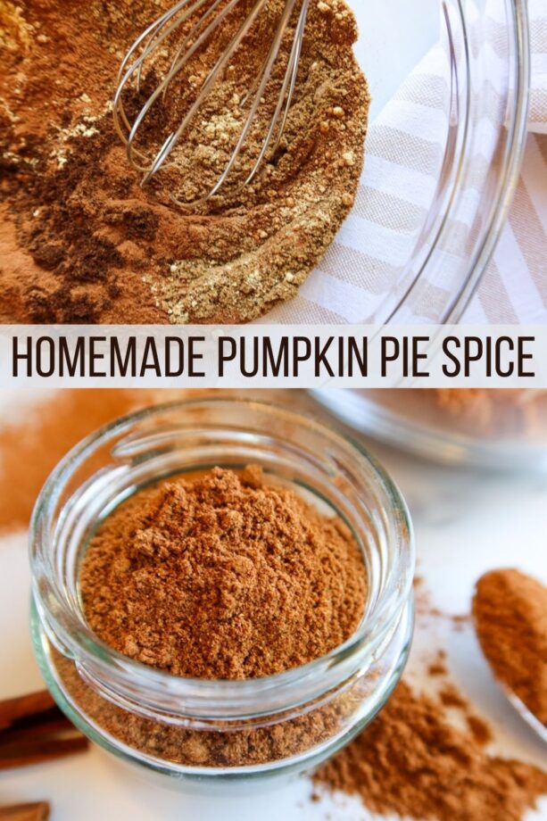 Top: whisking spices together. Bottom: glass jar of pumpkin pie spice with text overlay for Pinterest. 
