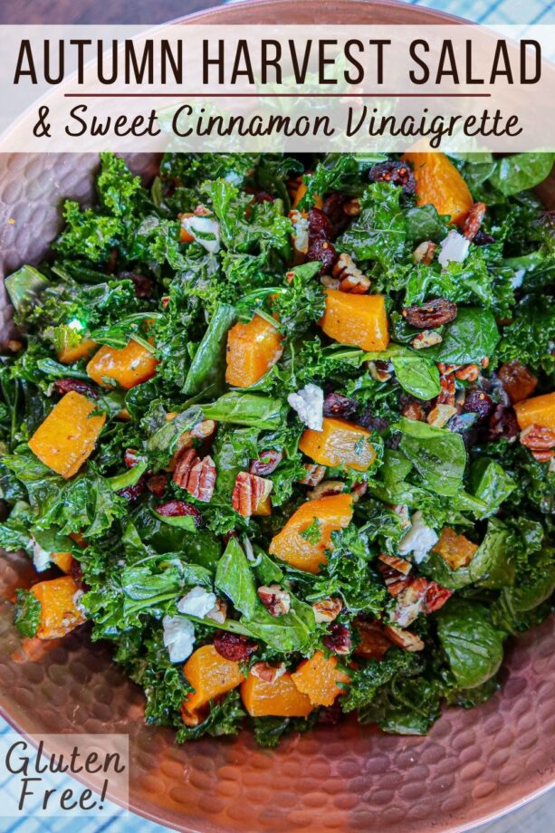 Autumn harvest salad pin for Pinterest boards. Shows salad tossed up in a large, copper serving bowl. 