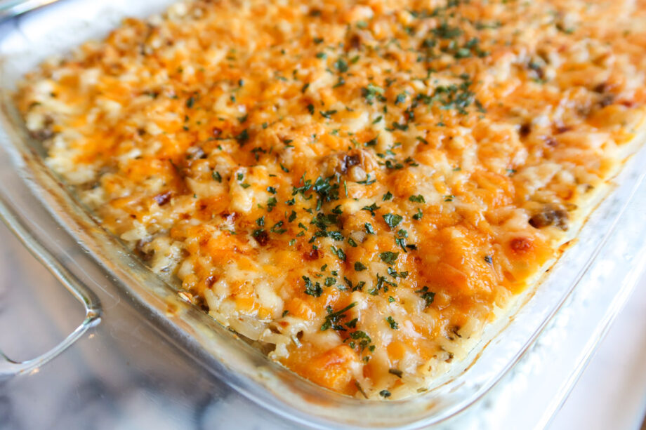 Close up of butternut squash casserole with rice and ground beef.