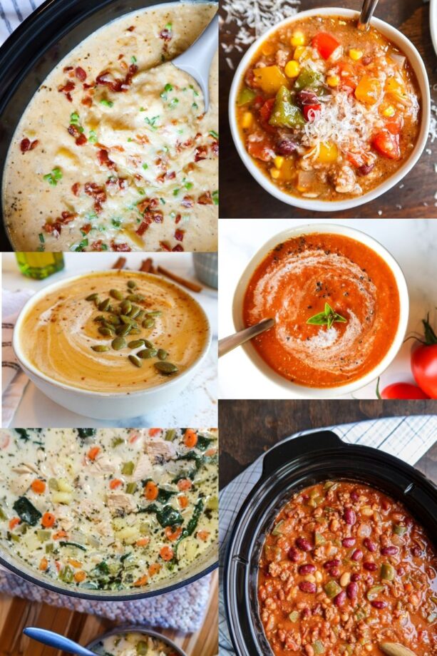 A montage of 7 different kinds of soup, stew and chili!