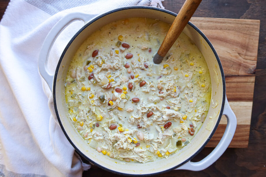 Creamy white chicken chili in a large, white pot.