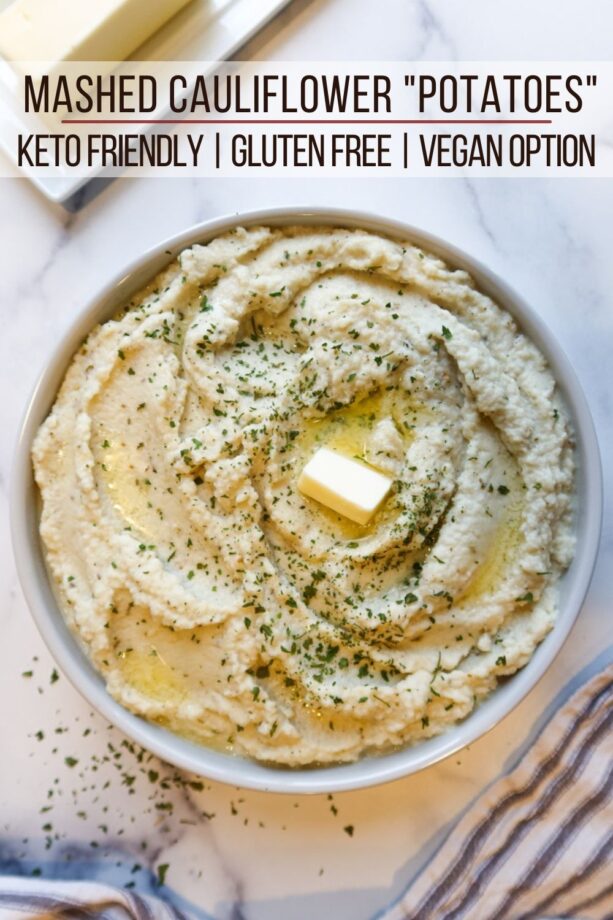 Mashed cauliflower with text overlay for Pinterest. 
