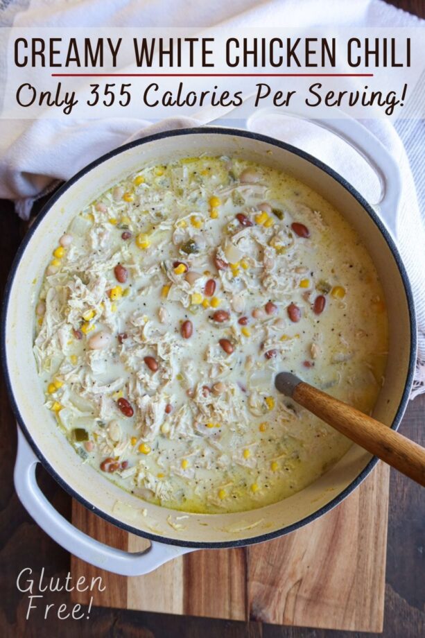 Pin for pinterest boards show white chili in a large, white pot.