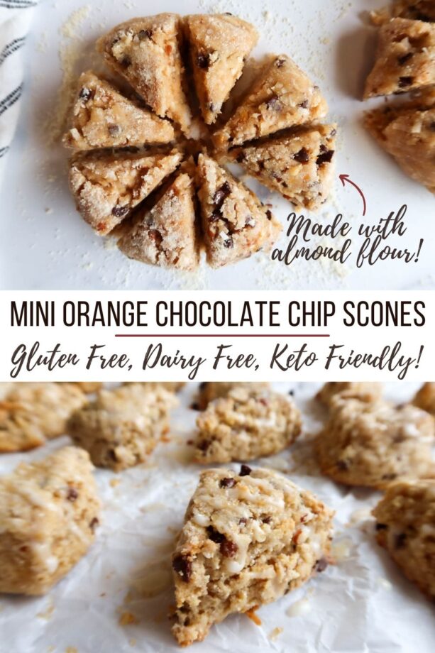 Pinterest pin shows mini orange and chocolate chip scones with text overlay. 