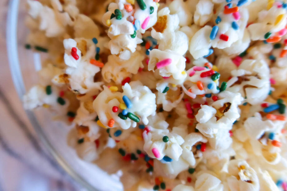 Confetti Popcorn With Sprinkles & White Chocolate Drizzle Garlic Salt