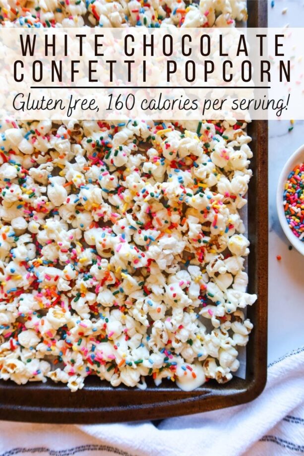 Pinterest pin shows confetti popcorn on a parchment paper lined baking sheet with text overlay.