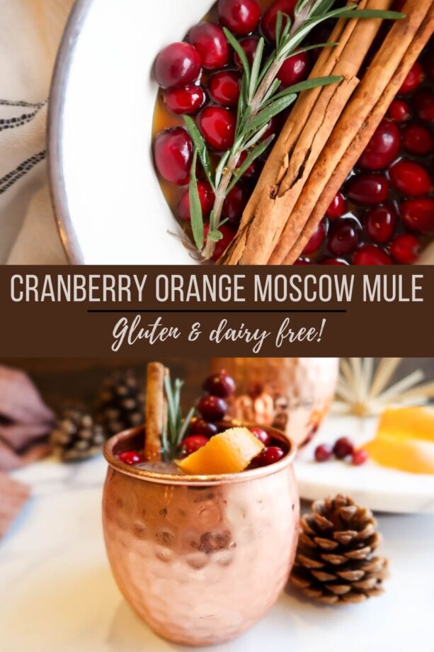 Pin for cranberry orange mules shows saucepan with simple syrup ingredients and cocktail with text overlay.