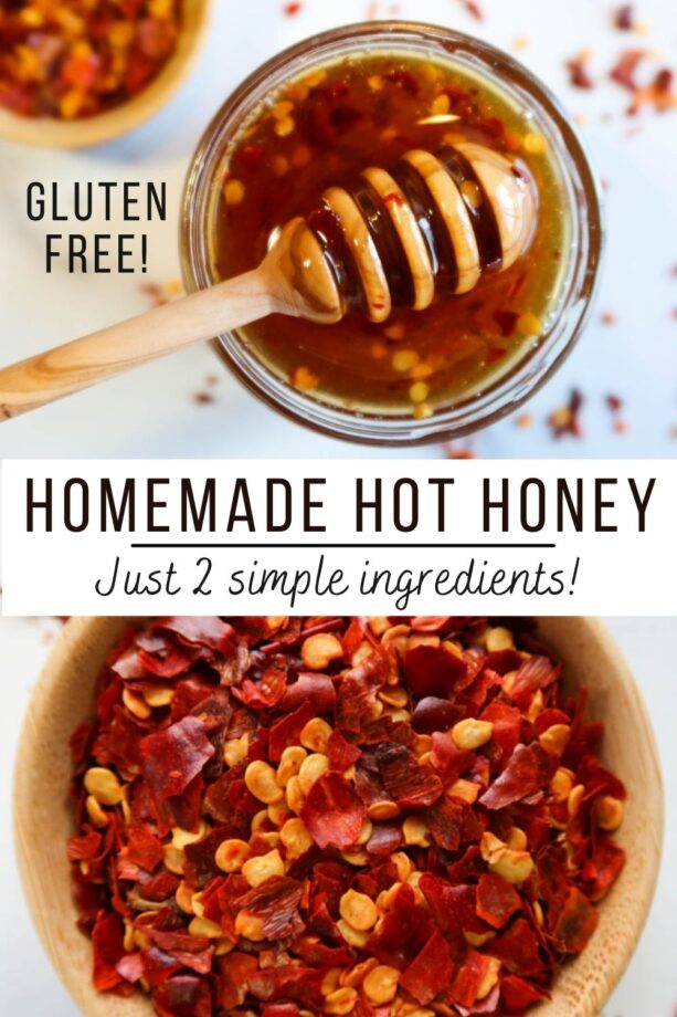 Pinterest pin shows hot honey, honey dripper and red pepper flakes with text overlay.