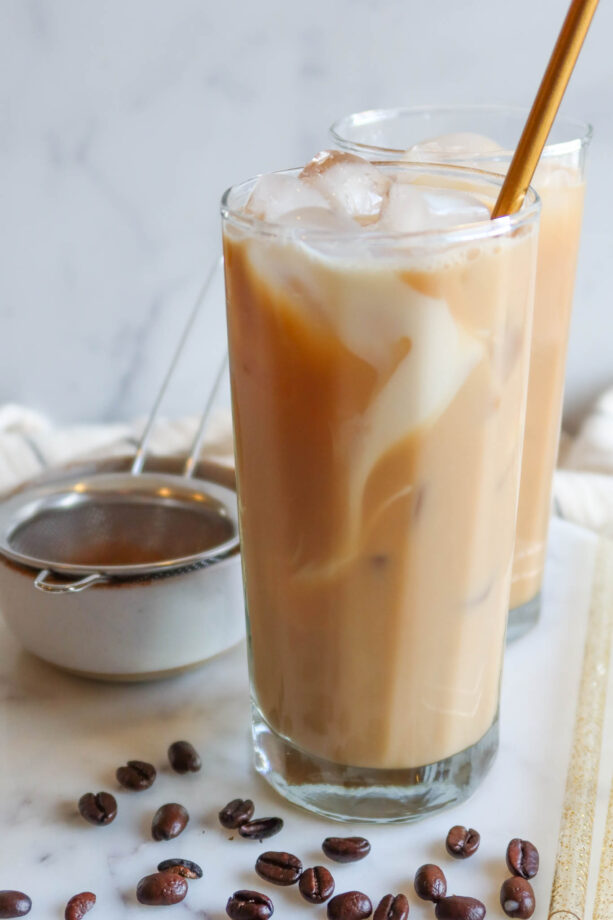 Cold brew and protein shake stirred together to make protein coffee.