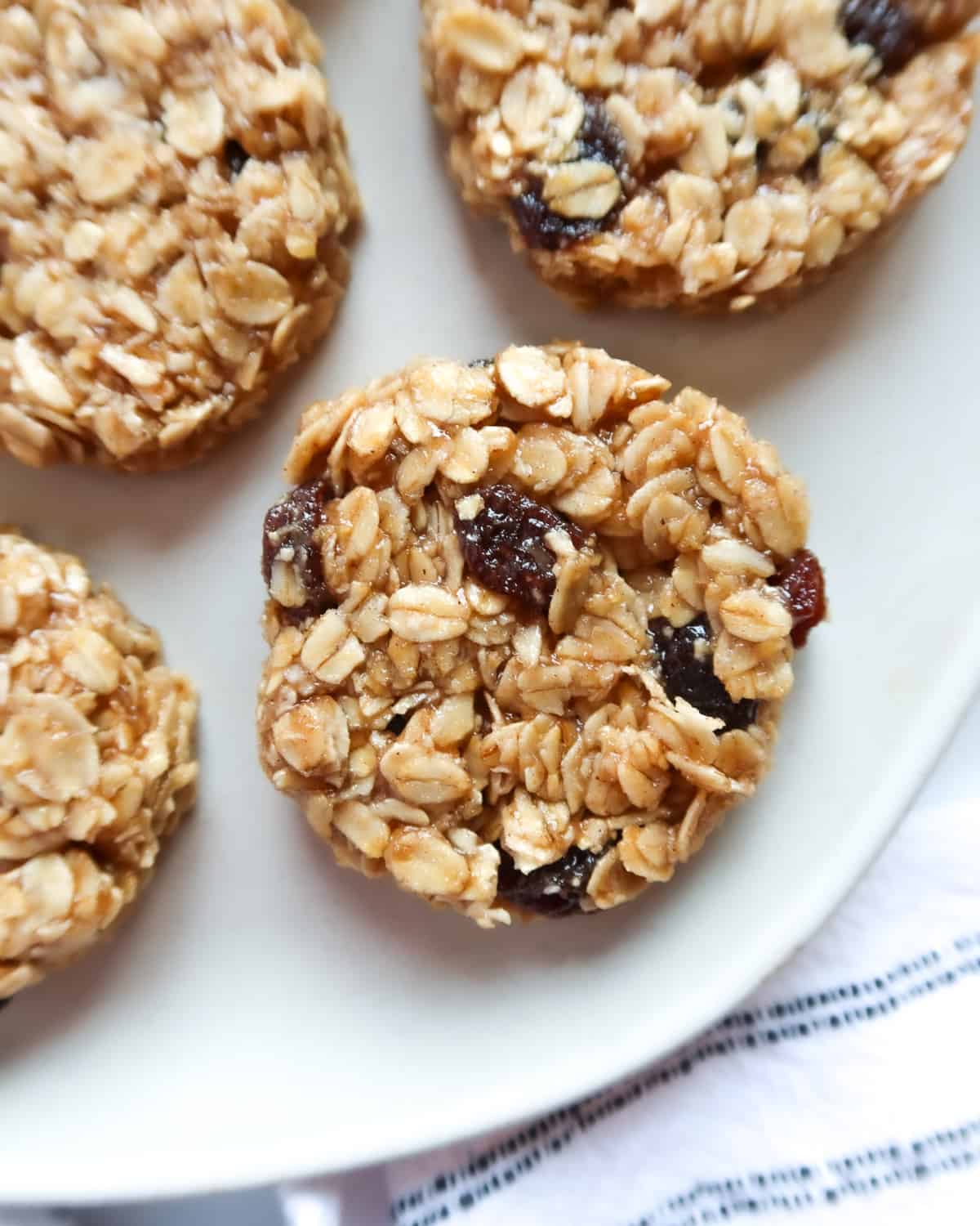 Overhead closeup view of oatmeal raisin breakfast cookies.