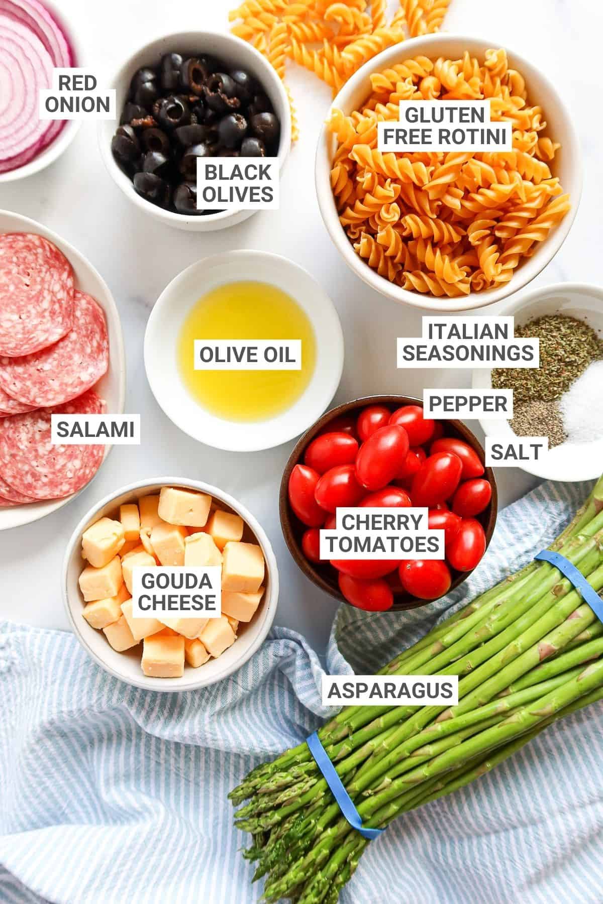 Asparagus pasta salad ingredients arranged on a countertop with text overlay labels.