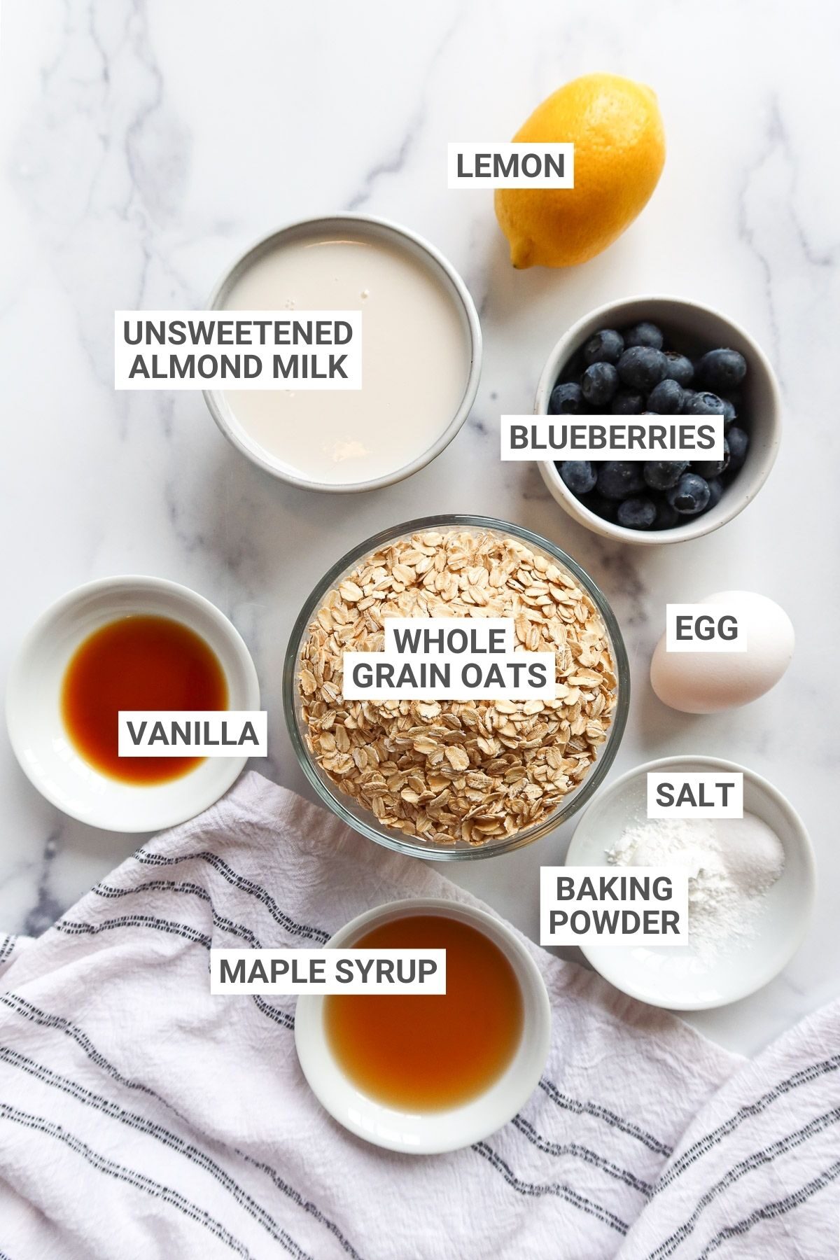 Ingredients for pancakes arranged on a countertop with text overlay labels.