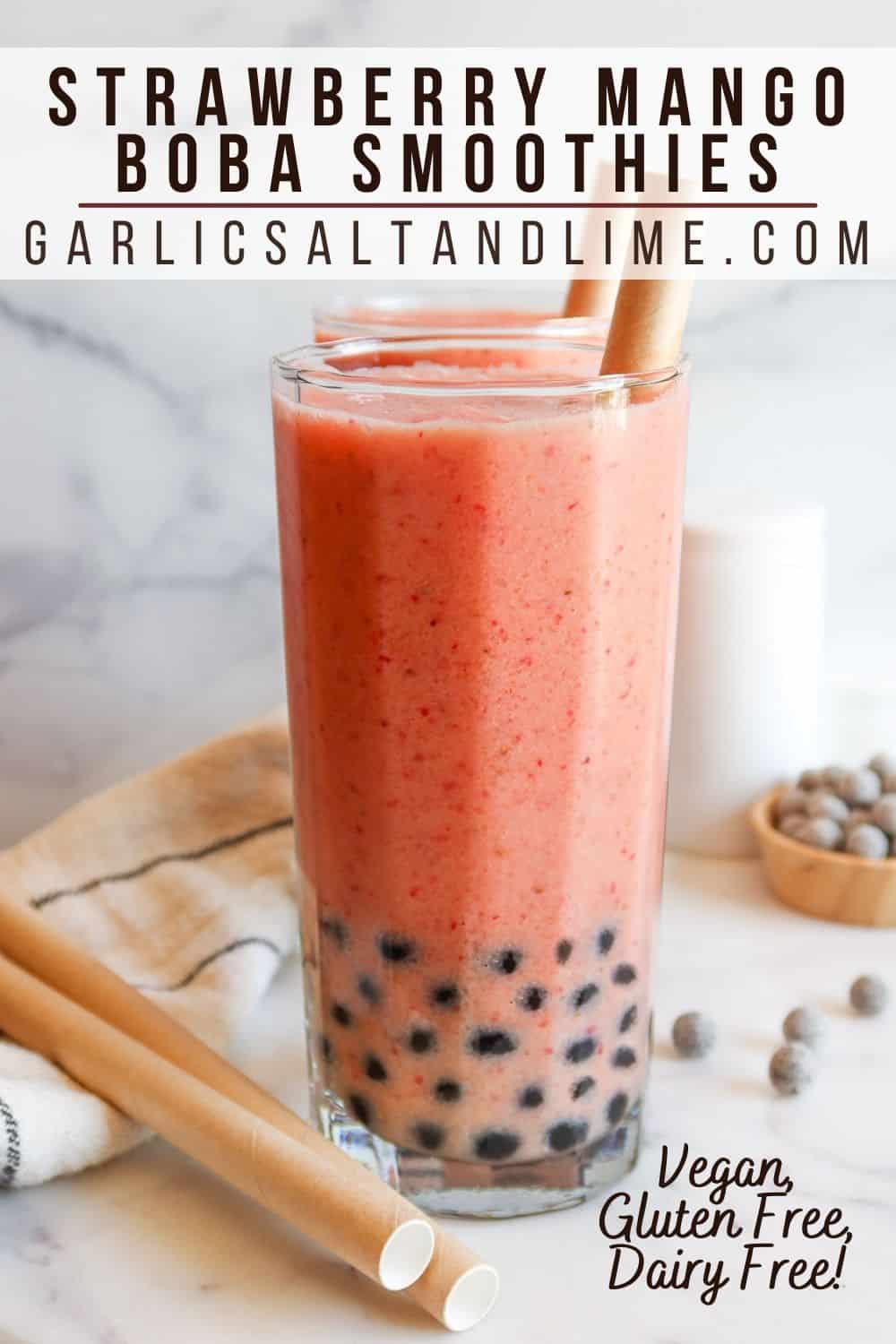 Strawberry mango boba smoothies with text overlay for Pinterest.