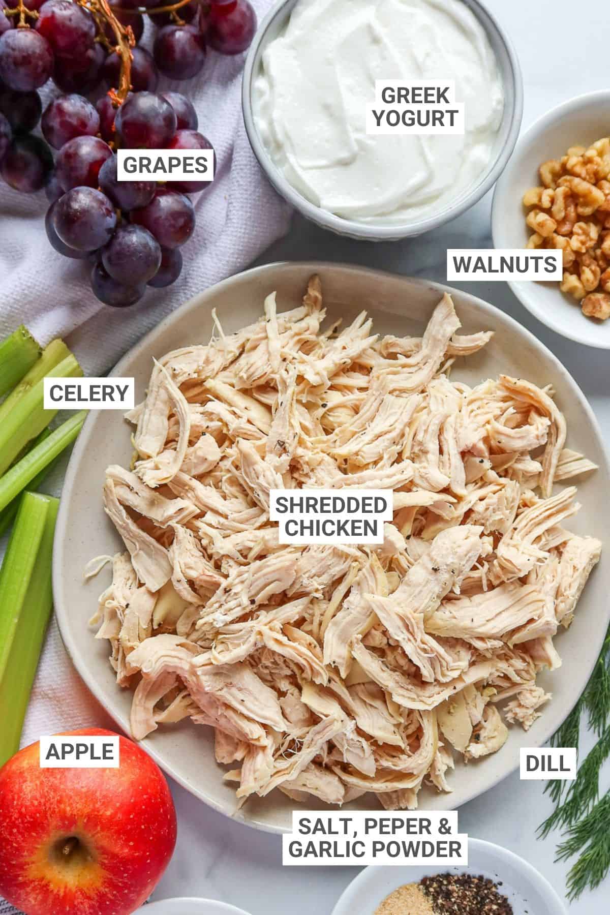 Chicken salad ingredients arranged on a countertop with text overlay labels.