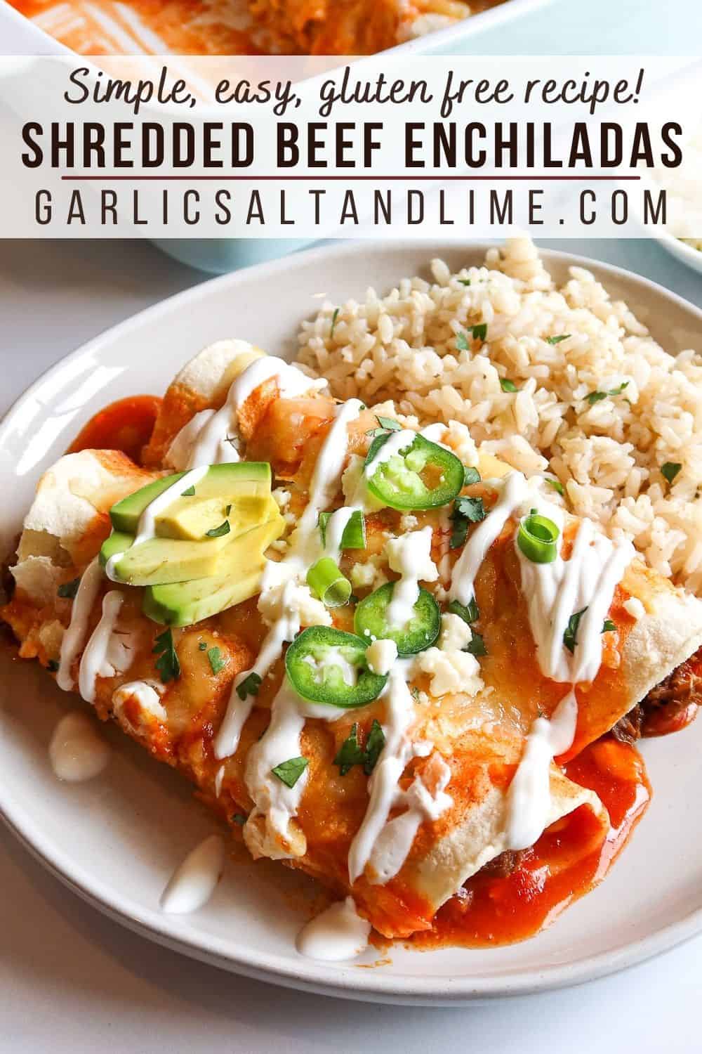 Two plated enchiladas with toppings and text overlay for Pinterest.