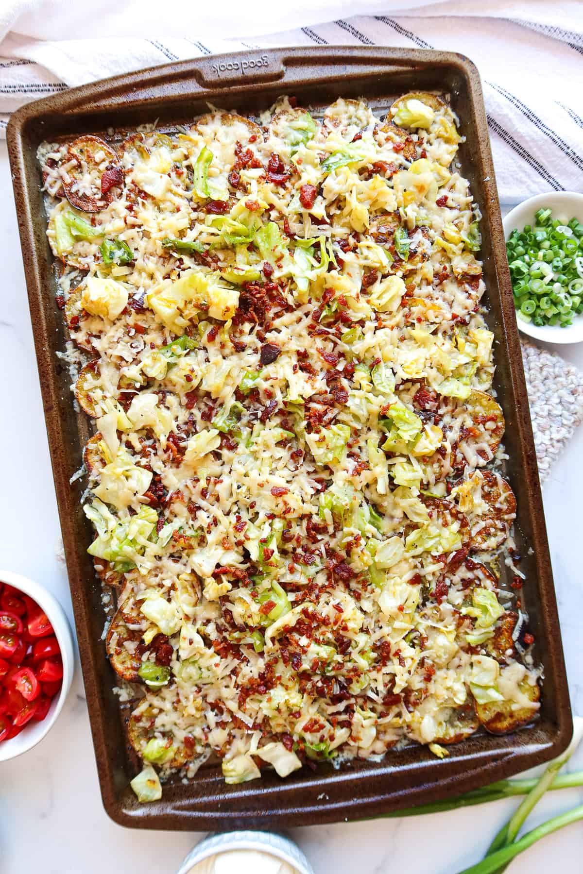 Irish nachos on a baking sheet.