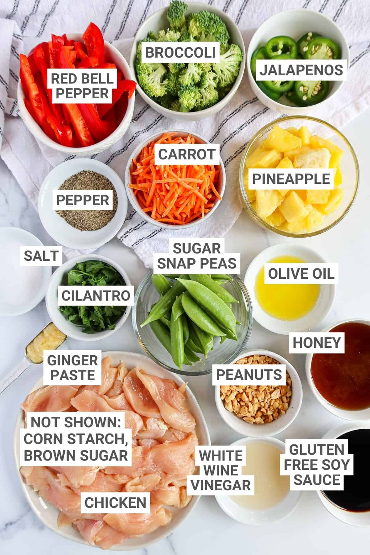 Spicy chicken stir fry ingredients with text overlay labels.
