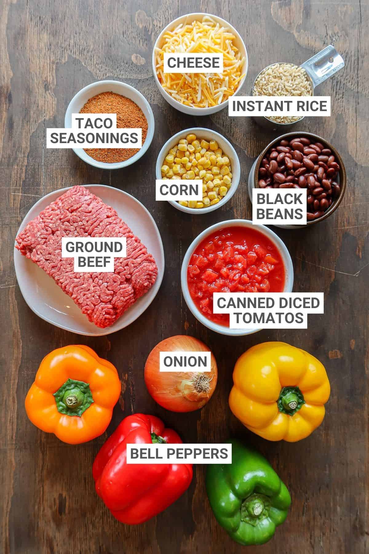 Beef taco stuffed pepper ingredients with text overlay labels.