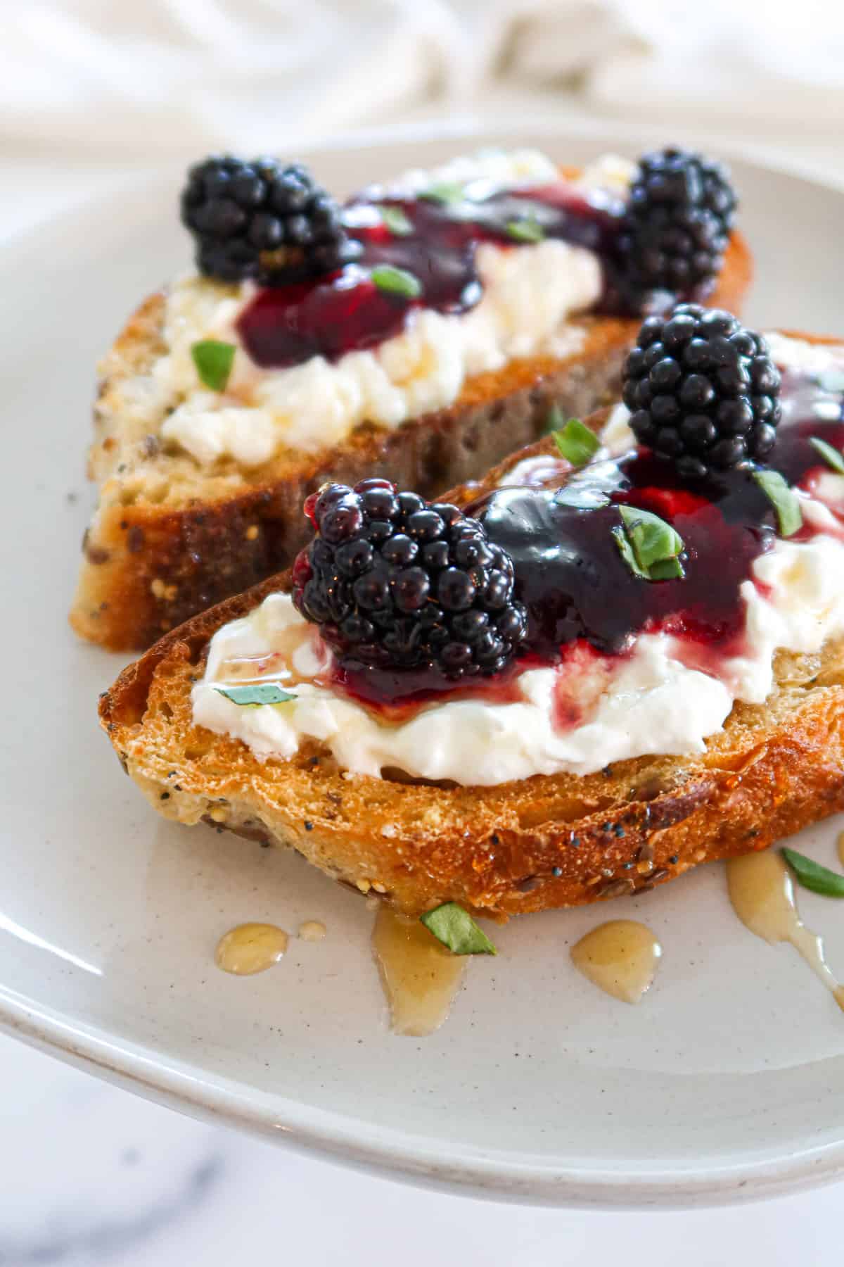 Toasted bread topped with burrata cheese, blackberry jam, blackberries, honey and fresh basil.