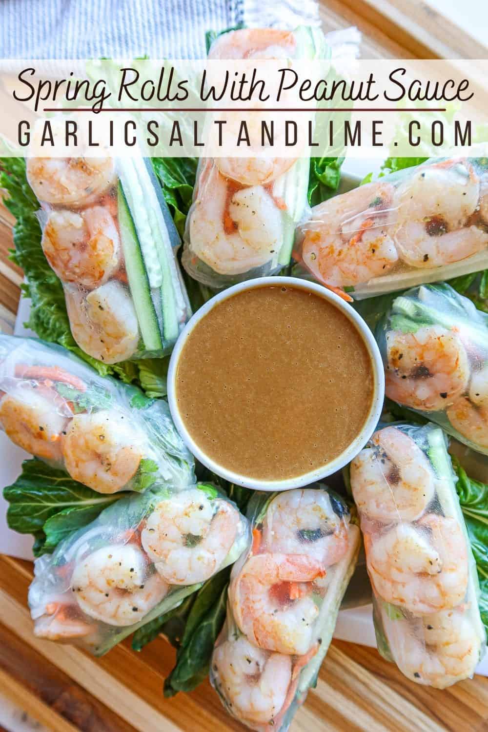 Vietnamese shrimp spring rolls and peanut sauce with text overlay for Pinterest.