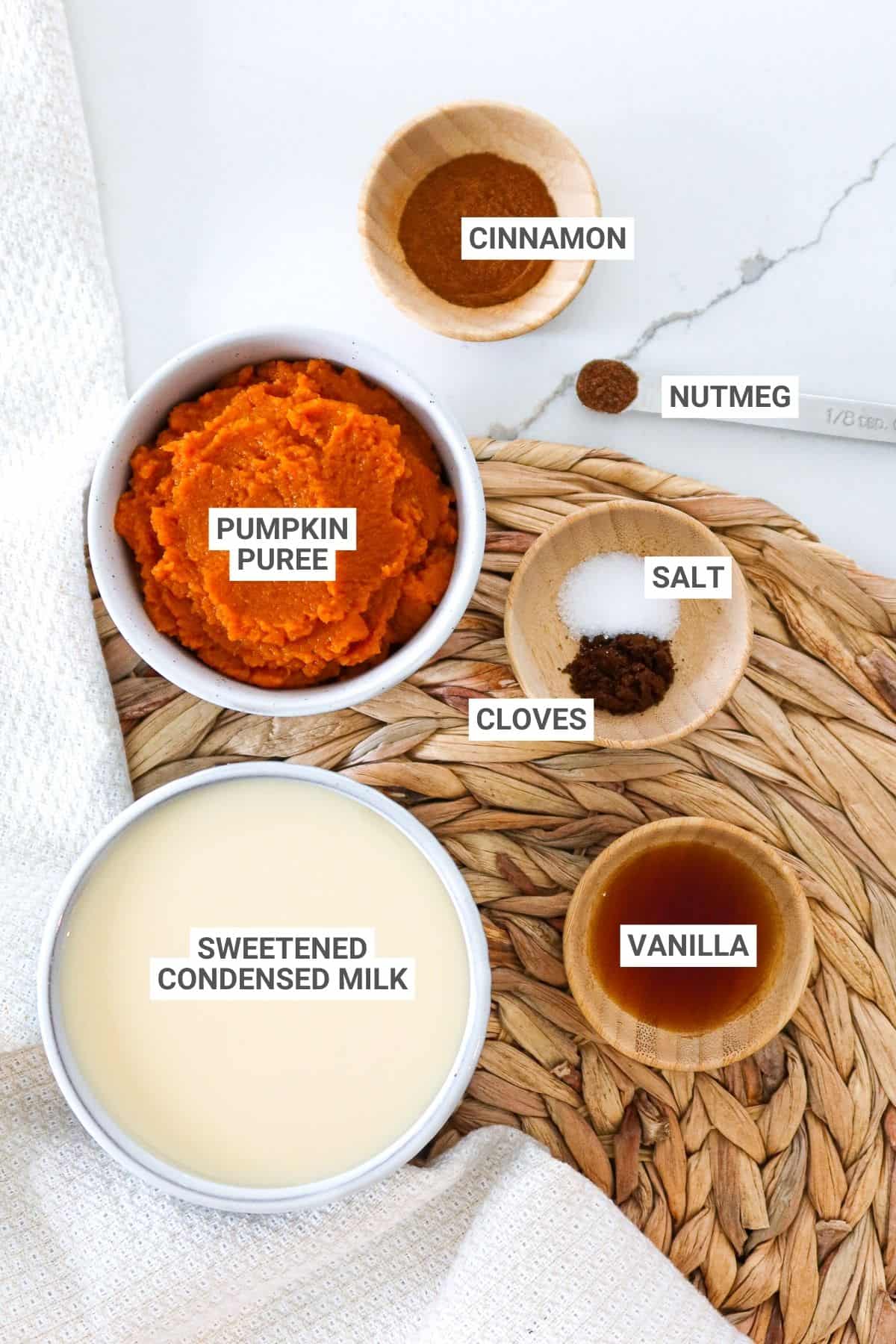 Ingredients for pumpkin spice sauce with text overlay labels.