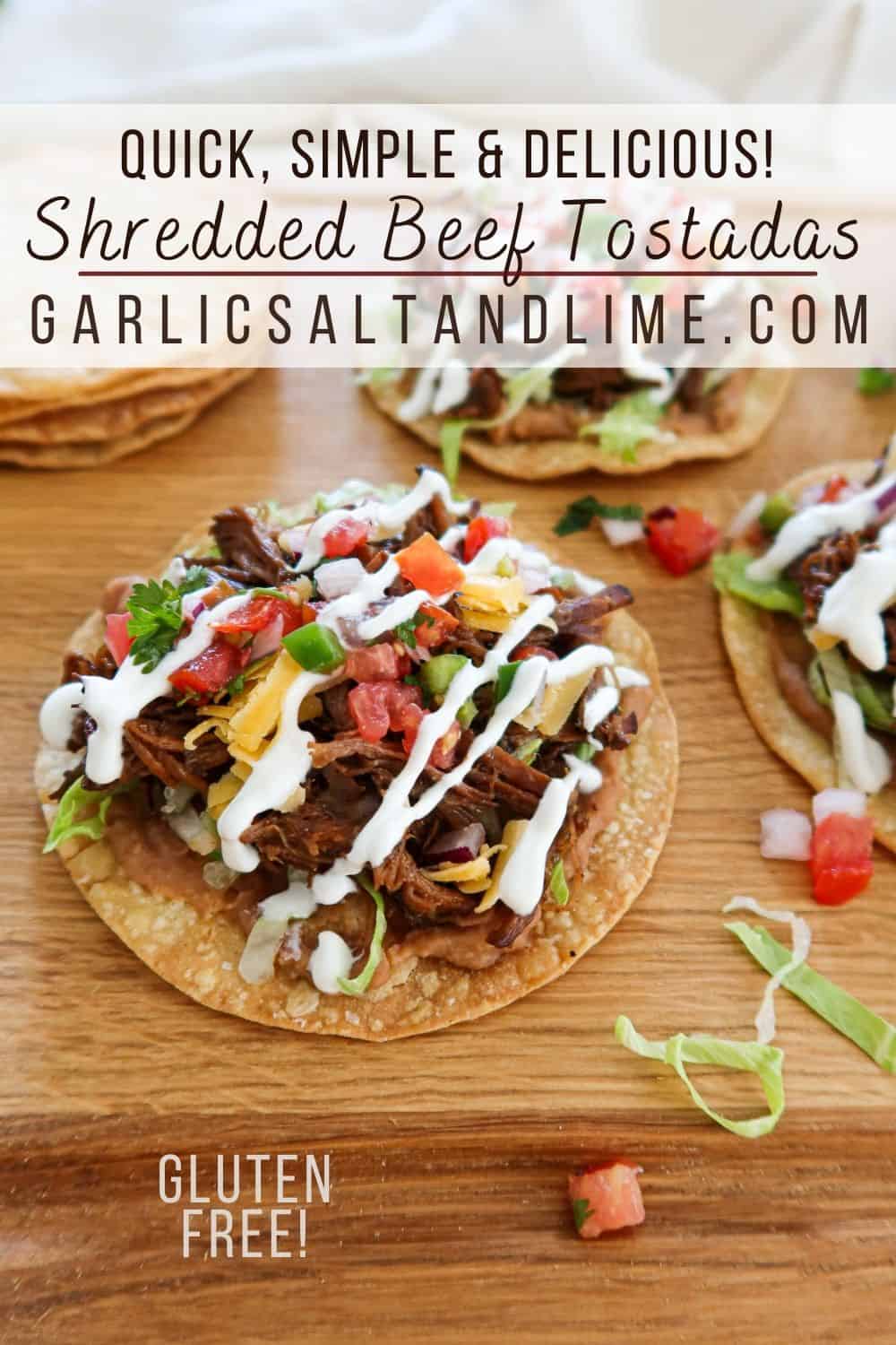 Shredded beef tostadas with text overlay for Pinterest.