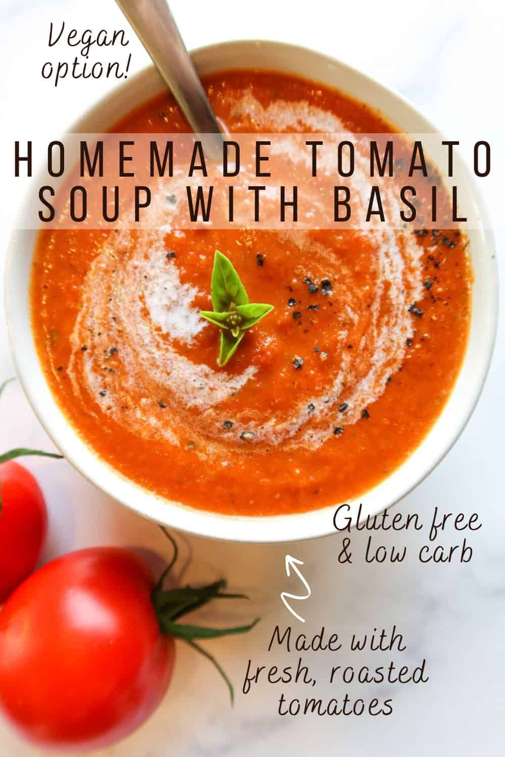 A bowl of tomato soup with text overlay for Pinterest.