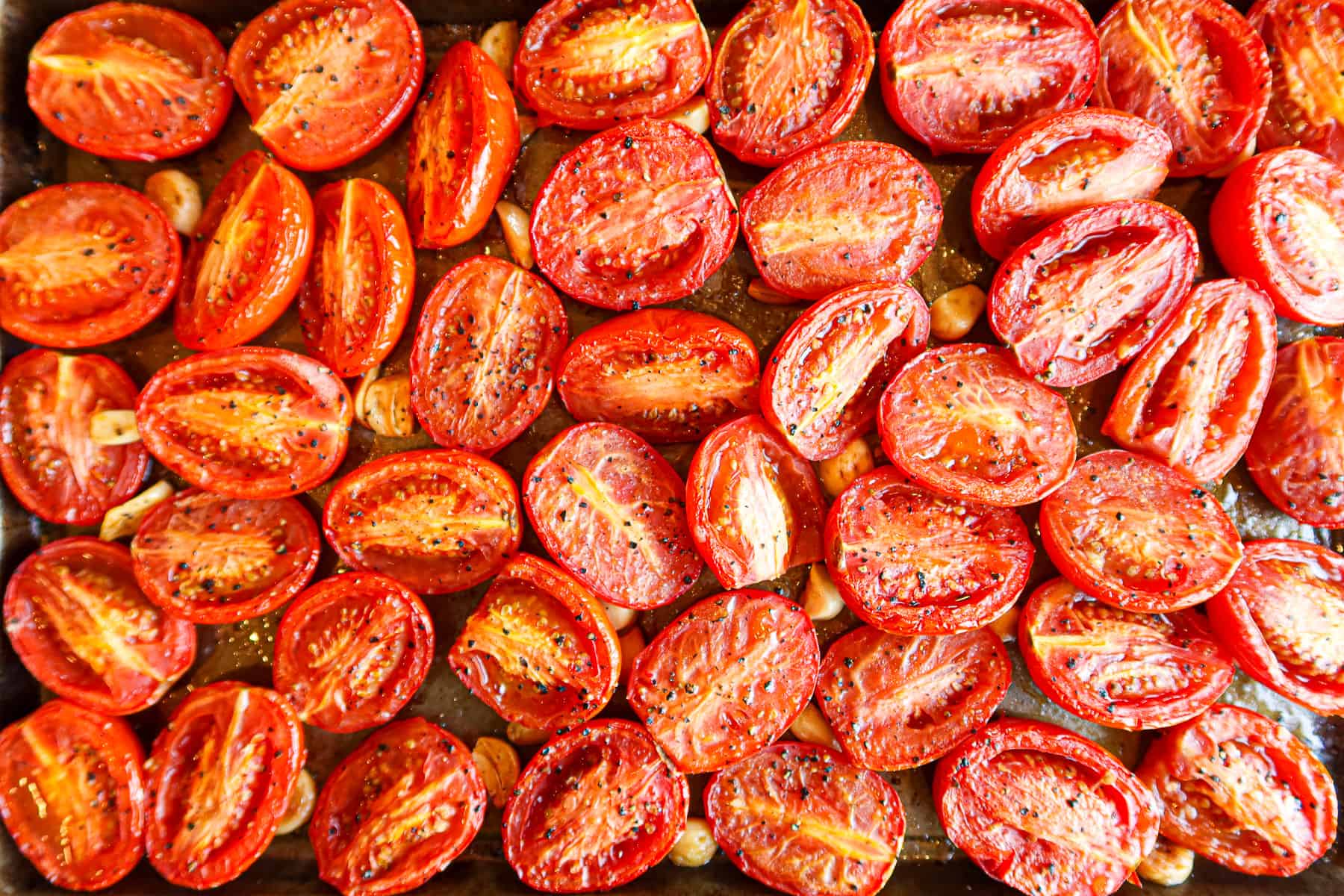 A large sheet pan full of roasted tomatoes and garlic.