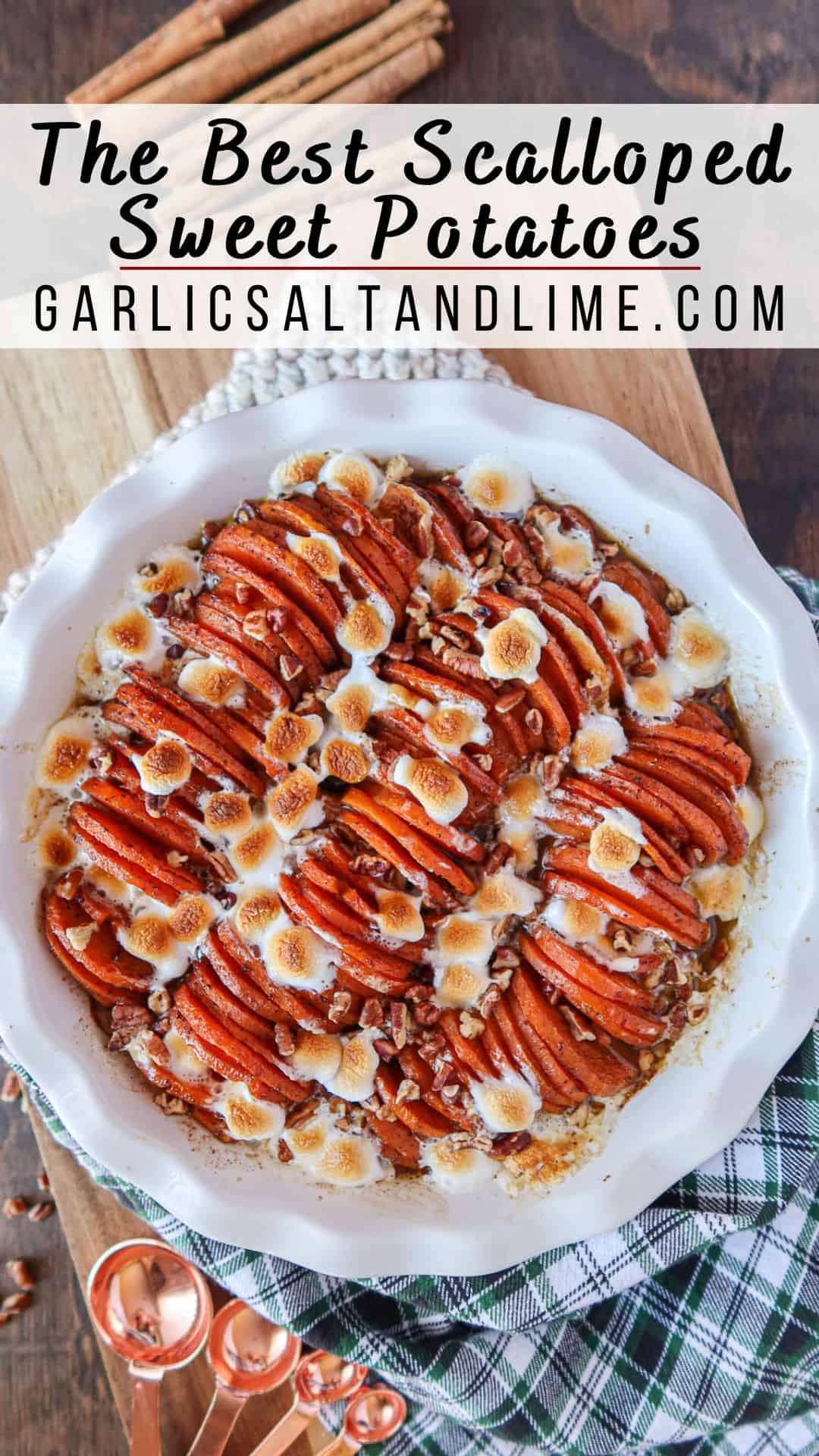 Scalloped sweet potatoes with text overlay for Pinterest.