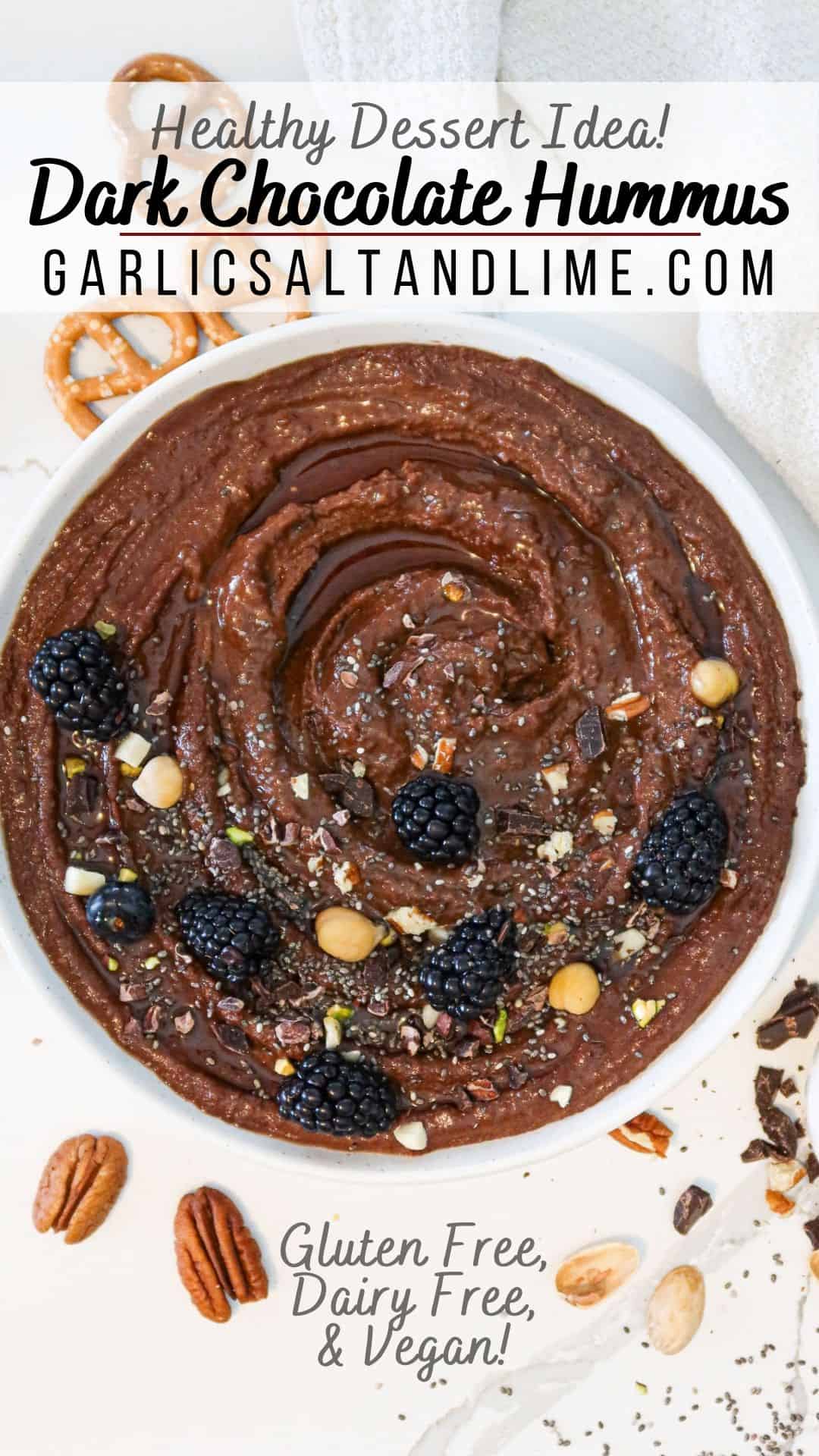 Chocolate hummus in a serving bowl with text overlay for Pinterest.