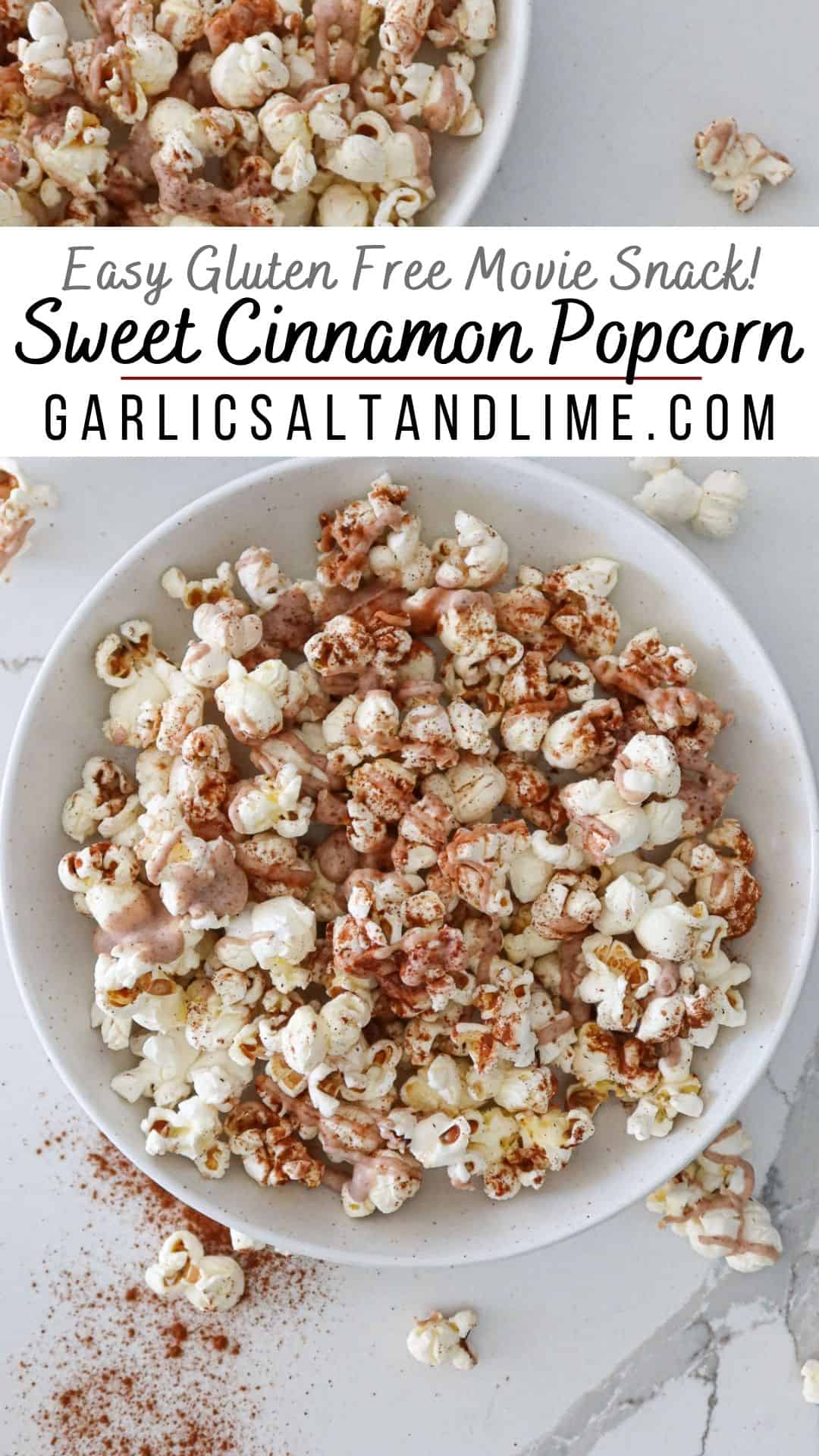 Two white serving bowls full of cinnamon popcorn with text overlay for Pinterest.