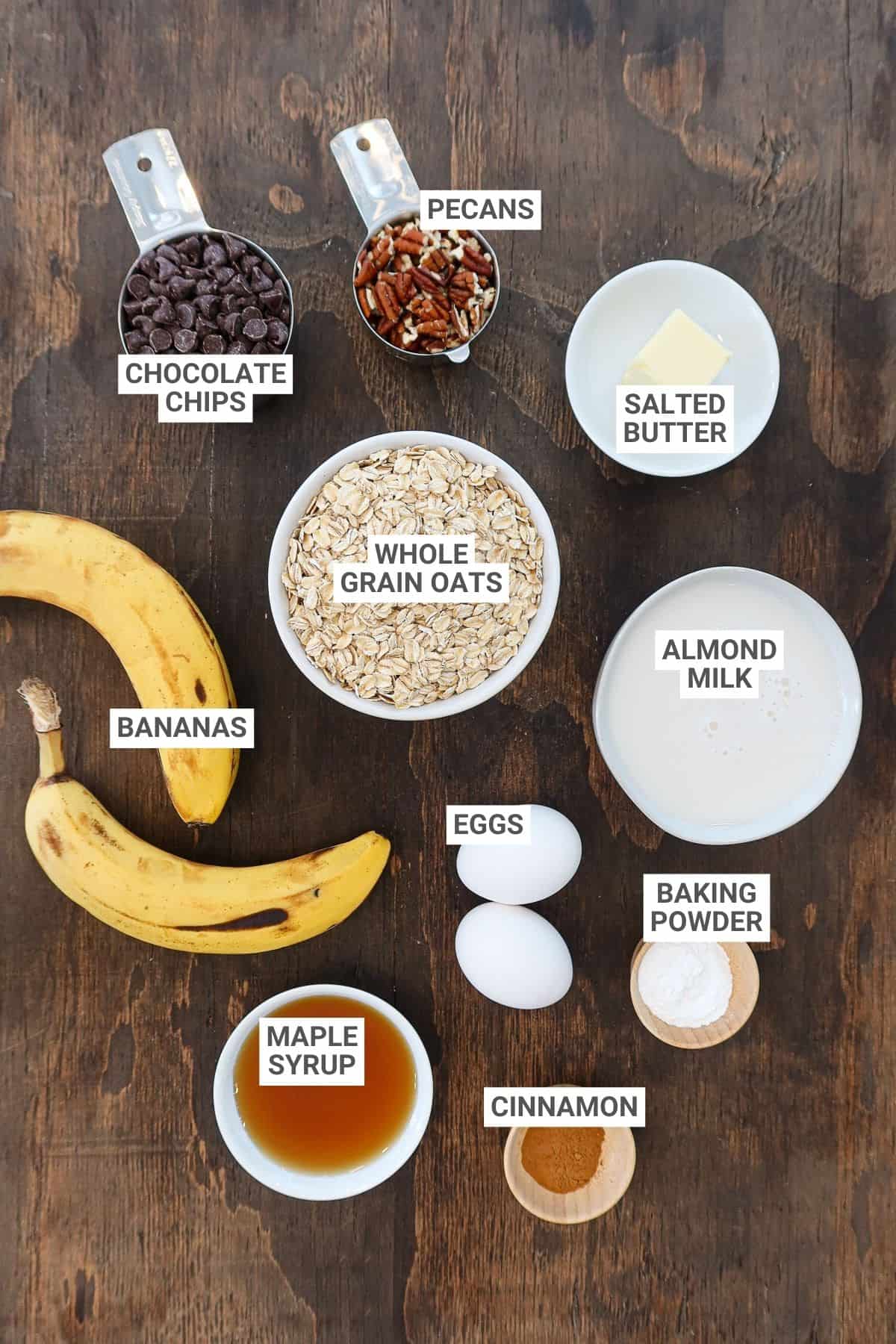 Chocolate chip baked oatmeal ingredients with text overlay labels.