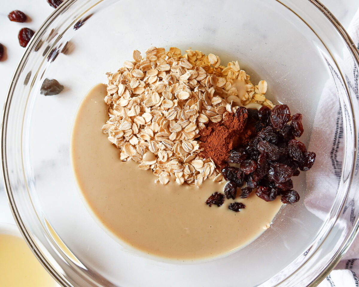 Ingredients for cookies measured into a mixing bowl.