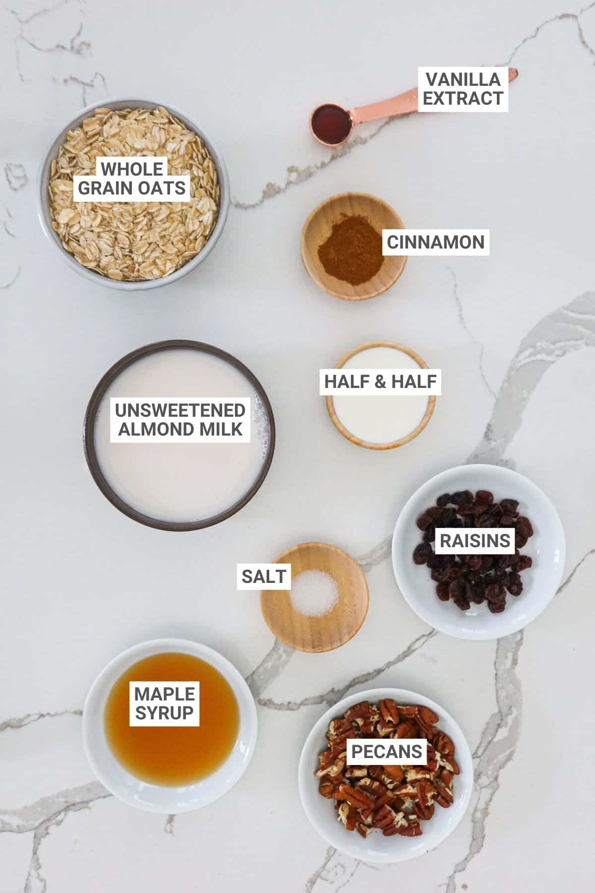 Ingredients for cinnamon oatmeal with text overlay labels.