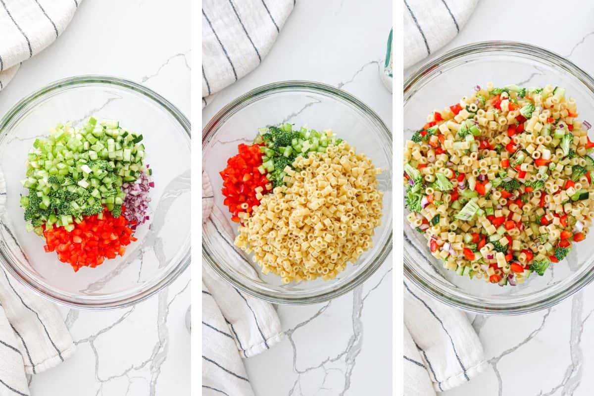Left: bowl of chopped veggies. Middle: cooked ditalini atop veggies. Right: ditalini and veggies, mixed.