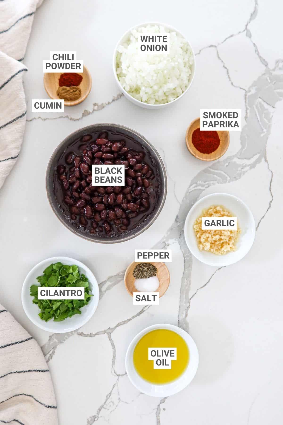 Ingredients for refried black beans with text overlay labels.