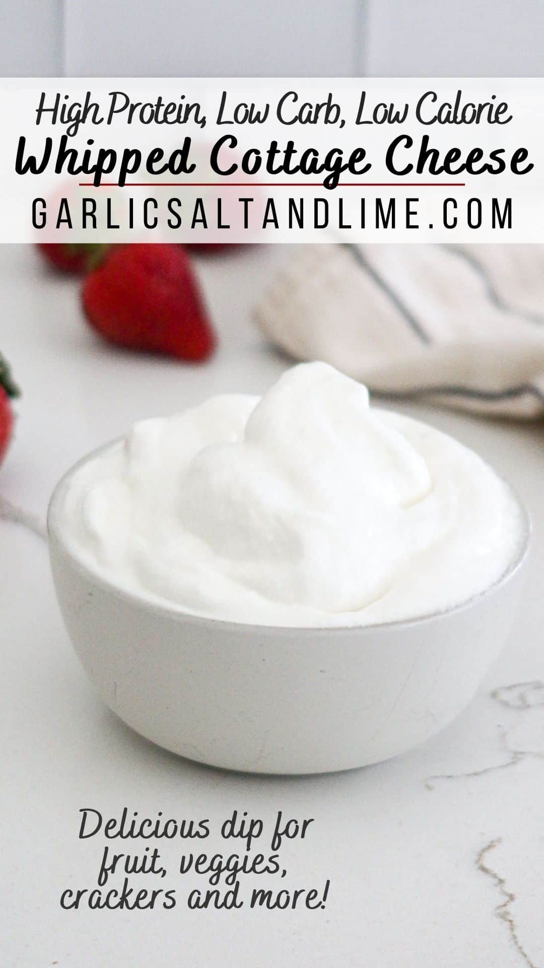 A bowl of whipped cottage cheese with text overlay for Pinterest.