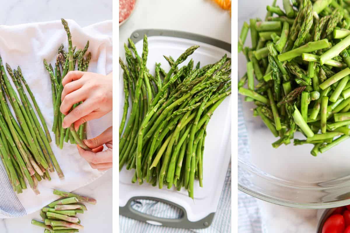 Prepping asparagus for pasta salad.