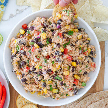 Mexican tuna salad in a white serving bowl.