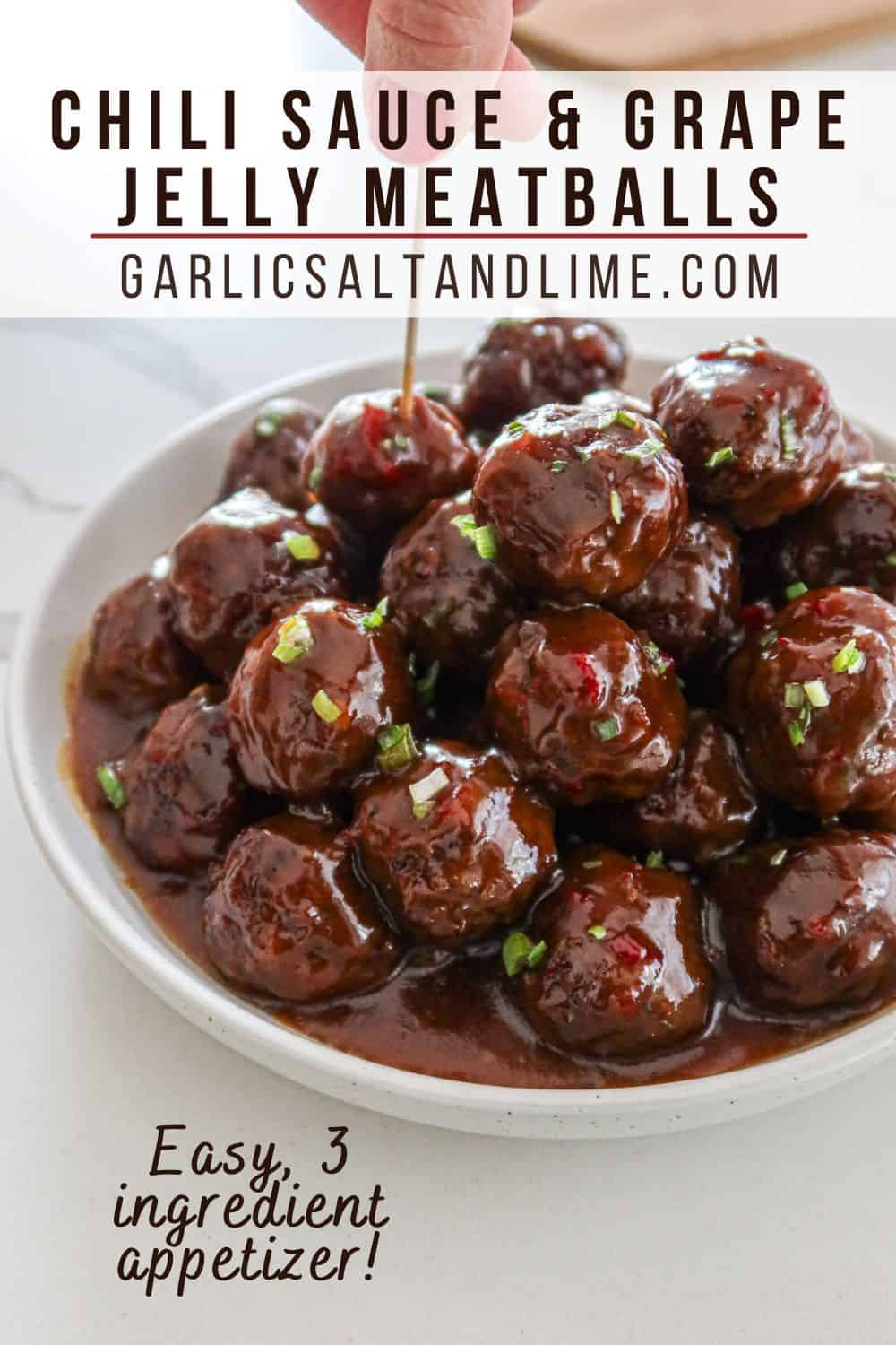 Cocktail meatballs with text overlay for Pinterest.