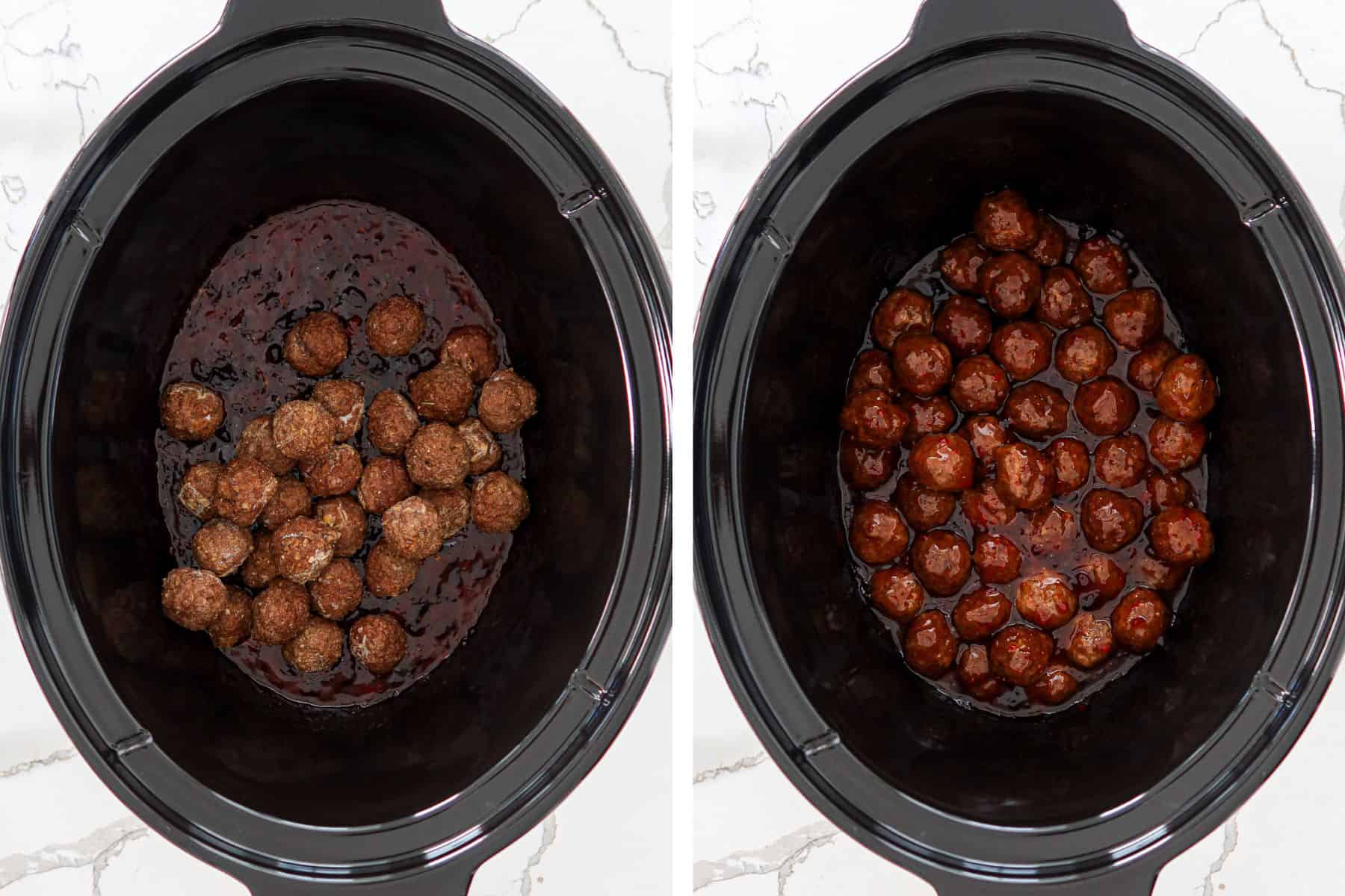 Left: meatballs on top of sauce in crockpot. Right: cocktail meatballs mixed into the sauce.