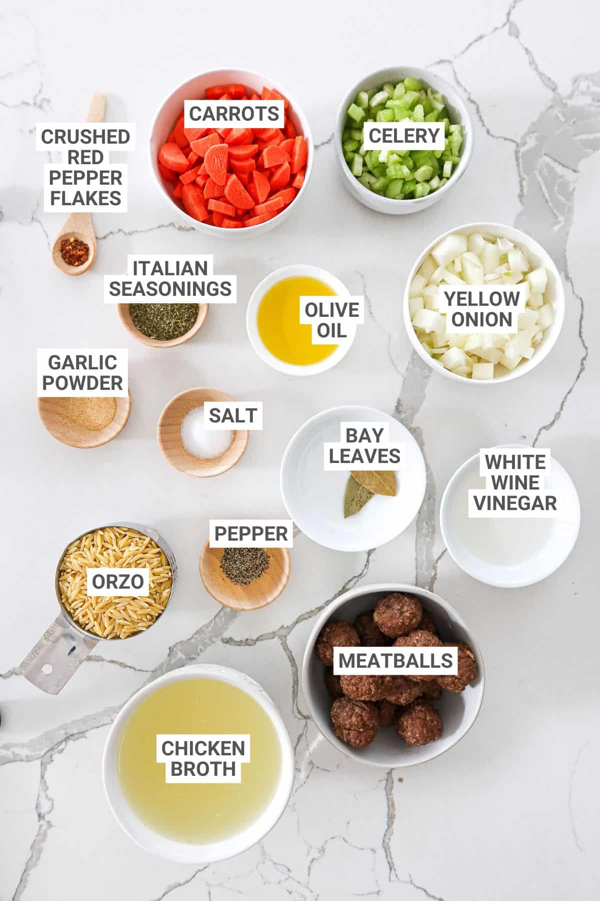 Meatball orzo soup ingredients with text overlay labels.
