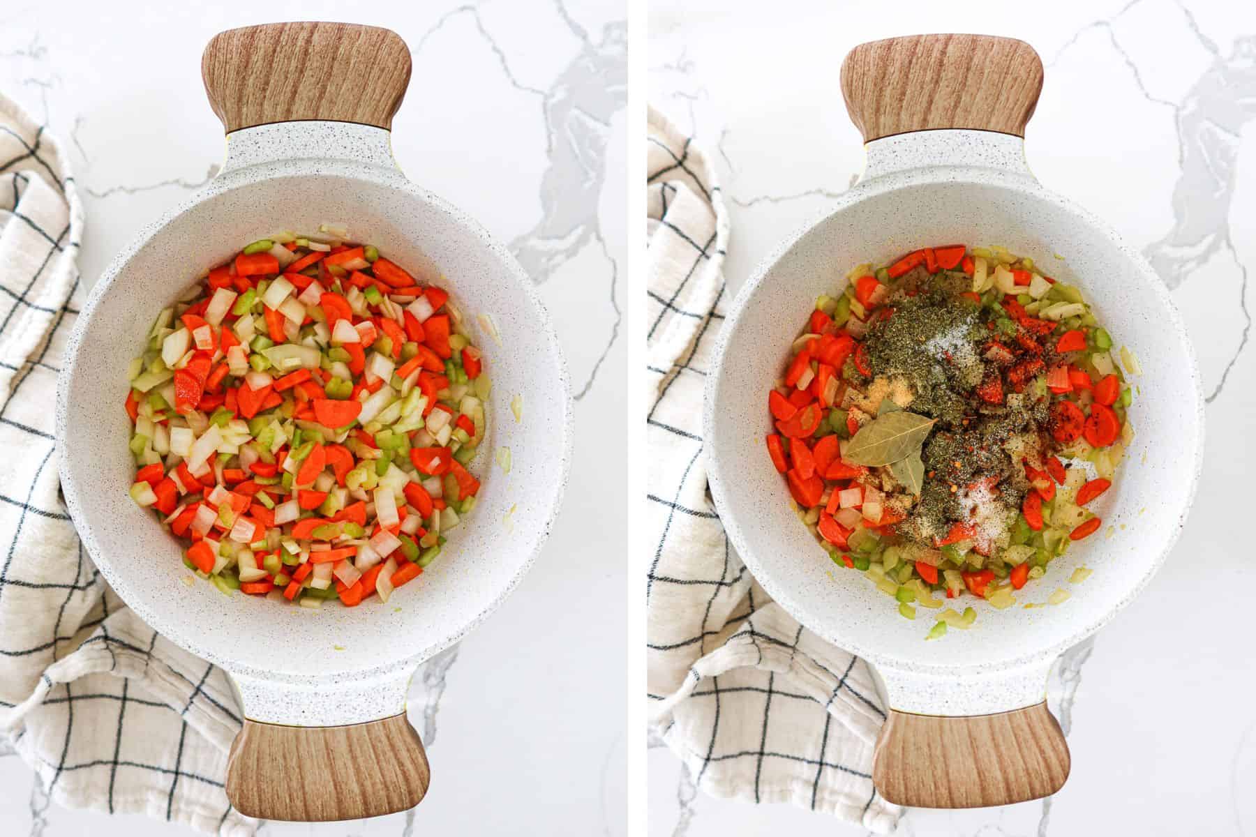 Left: sautéing mirepoix in olive oil. Right: Seasonings added to sautéed veggies.