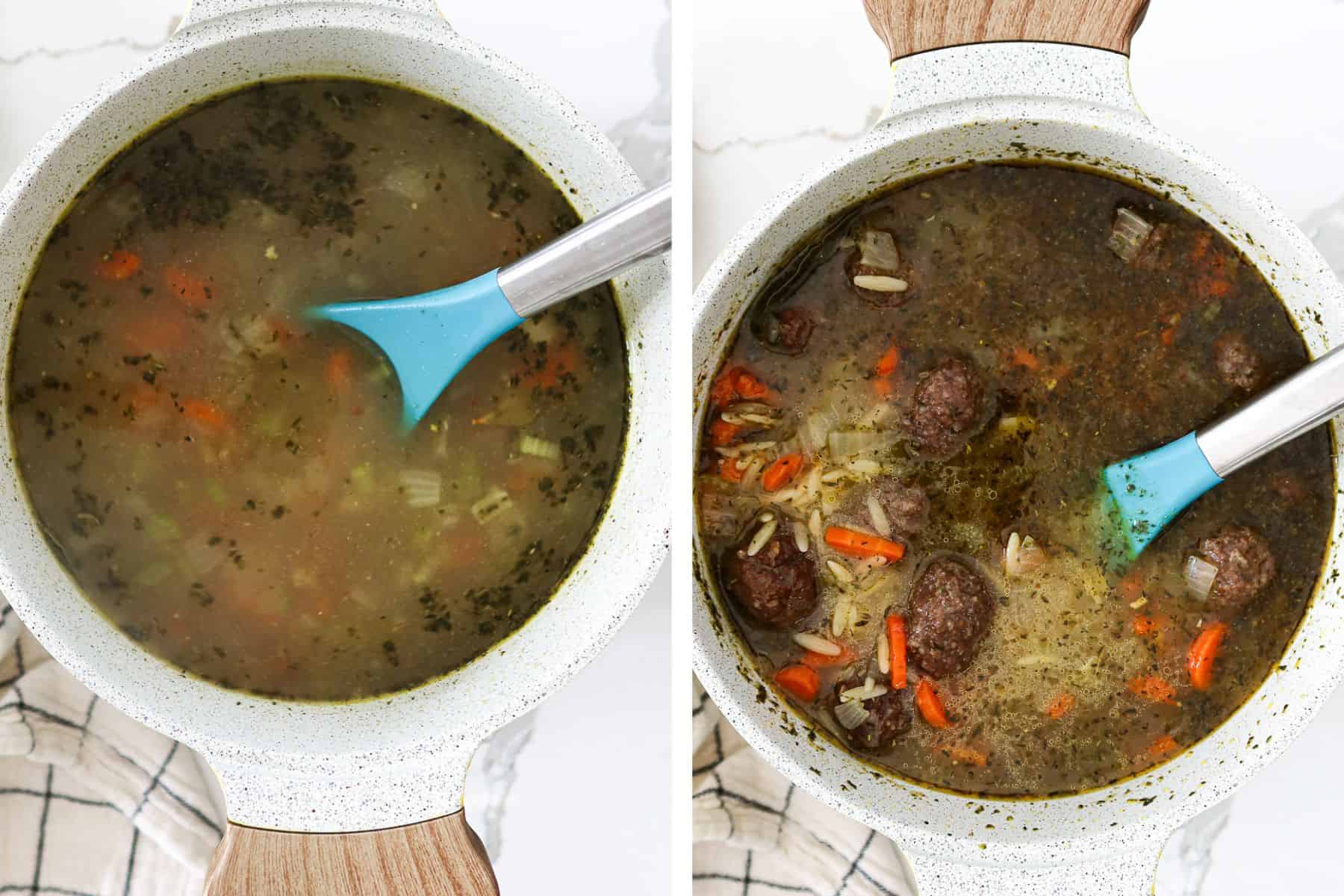Left: broth added to pot. Right: orzo and meatballs added to pot.