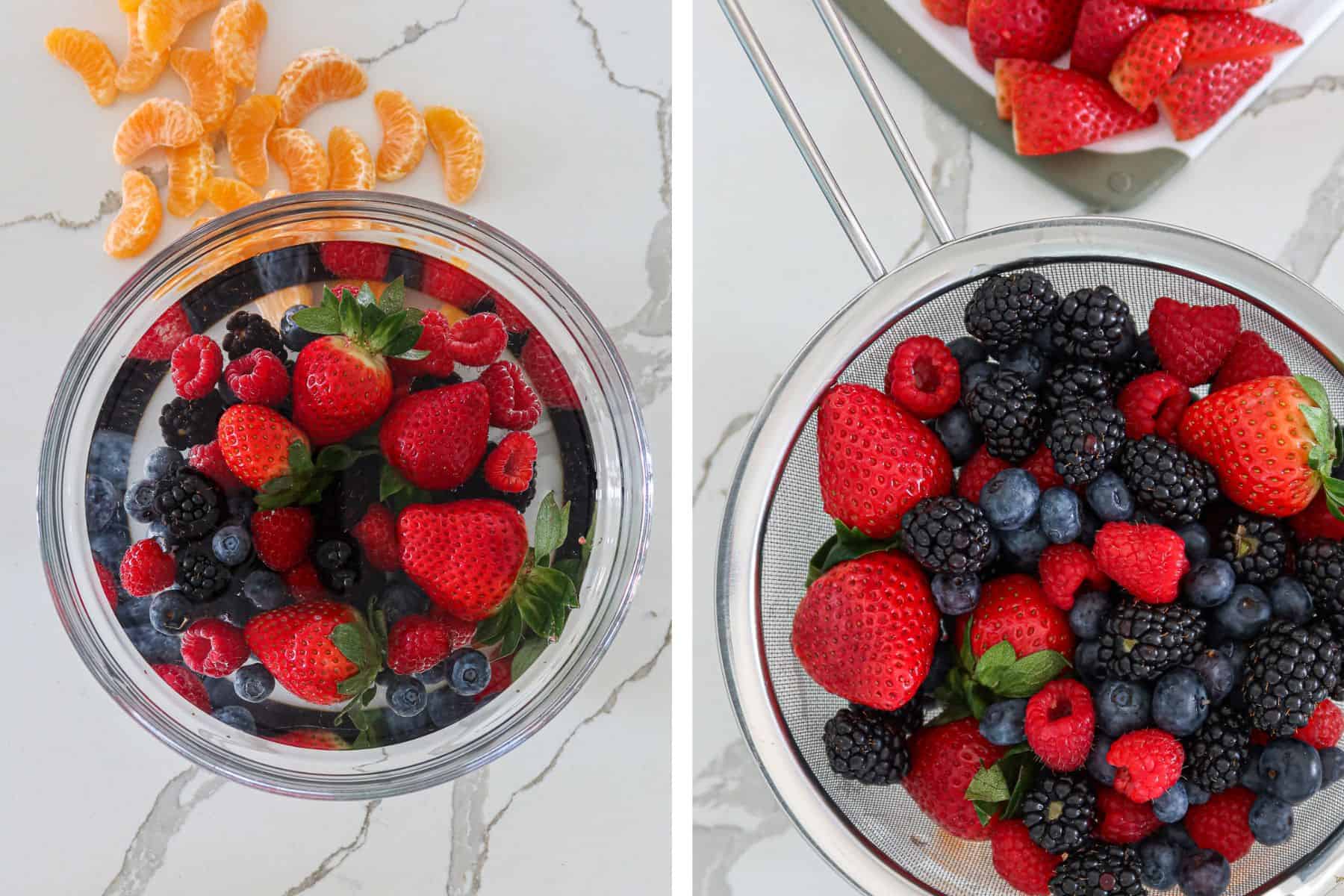 Left: berries soaking in water and vinegar solution. Right: drained and rinsed berries.