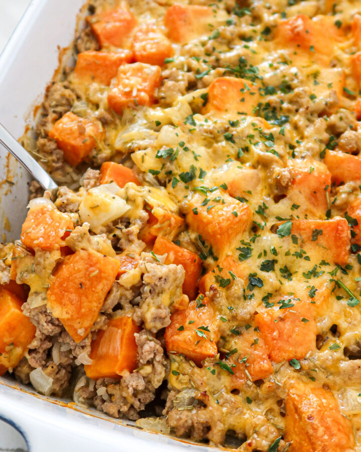 Sweet potato, ground turkey and rice casserole.