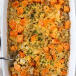 Ground turkey sweet potato casserole with text overlay for Pinterest.