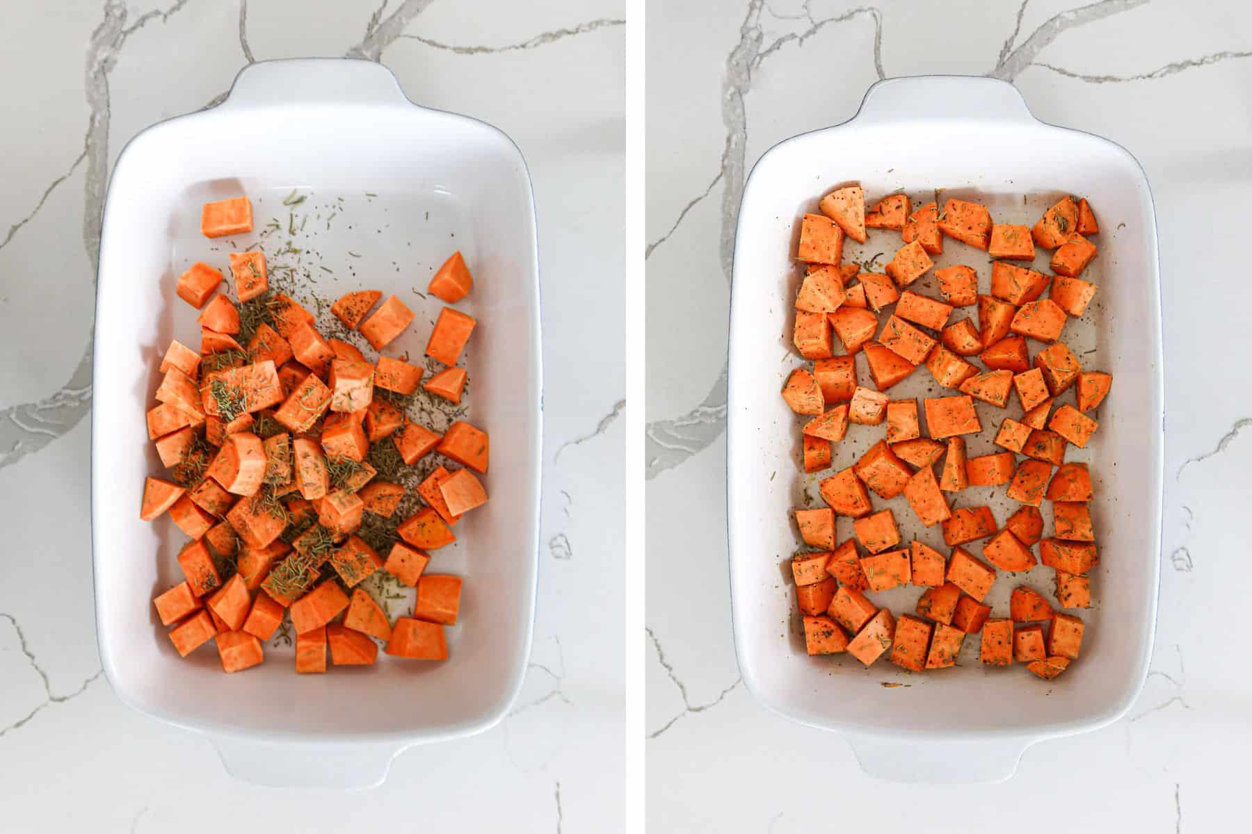 Baking dish full of sweet potato cubes coated in oil and spices for roasting.